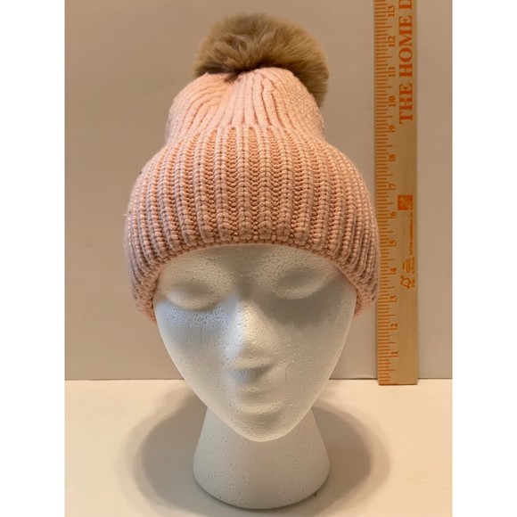 Steve Madden Pink Beanie with Tan Faux Fur Puff - Picture 1 of 6